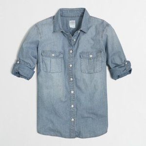 J. Crew Womens S Blue Chambray Roll Tab Sleeves Button Up Shirt Pockets 91506